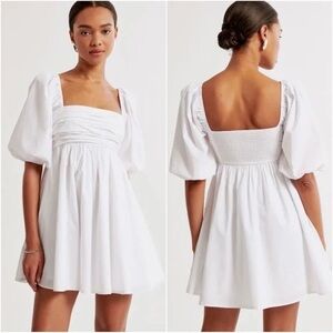 Abercrombie & Fitch Dress Emerson Ruched Puff Sleeve Mini Poplin White